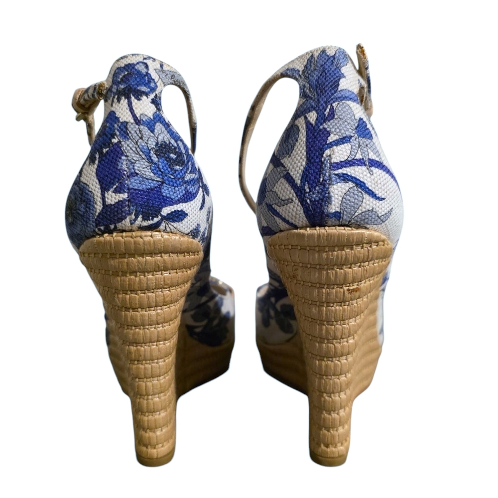 Gucci Canvas Horsebit Ankle Strap Wedge Sandals in Blue/White Floral Size 7.5 - Picture 3 of 9